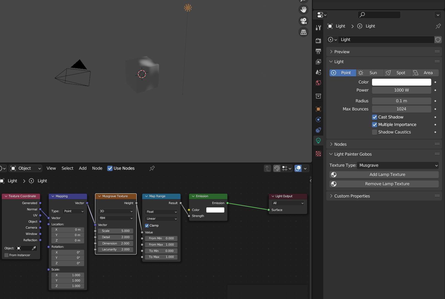 Adding procedural noise to a point lamp to create gobos or shadows