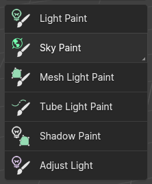List of tools: Light Paint, Sky Paint group, Mesh Light Paint, Tube Light, Shadow Paint, Adjust Light
